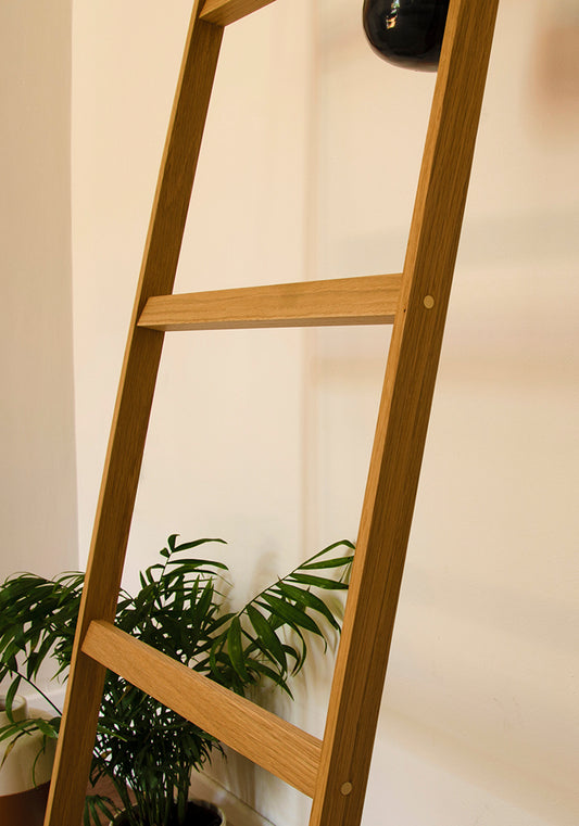 modern oak wood towel ladder with brass details